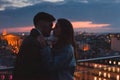 love, couple kissing on night city skyline view, romantic honeymoon in Paris, France Royalty Free Stock Photo