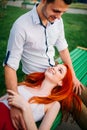 Love couple leisure on bench, romantic meeting