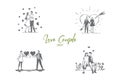 Love couple - loving romantic couple walking outdoor and hugging each other vector concept set