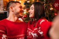 Love couple makes selfie, Christmas celebration