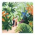 Love couple in nature, garden. Romantic man and woman, valentines walking in green park, tropical jungle with floral and Royalty Free Stock Photo