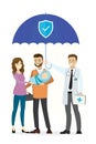 Love couple with newborn baby and doctor. Medical staff holds umbrella. Insurance coverage, healthcare concept