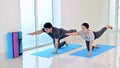 Love couple online learning yoga breathing and meditation together at home. Sport and Exercise for healthy. Royalty Free Stock Photo