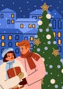 Love couple at outdoor Christmas tree on winter holiday. Romantic Xmas postcard with happy man and woman with festive