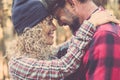 Love couple and outdoor nature romantic leisure activity together. Man and woman hugging and miling with emotions each other with Royalty Free Stock Photo