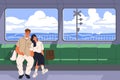 Love couple in overground metro, suburban train. Romantic man, napping woman passengers sitting in public transport, sea