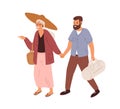 Love couple of people holding hands and walking. Man and woman of different ages traveling together. Old and young