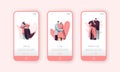 Love Couple People Hugging Mobile Application Screen Set. Man Hug Woman on Romance Dating. Happy Characters
