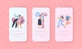 Love Couple People Mobile Application Screen Set. Man Hug Woman on Valentine Date. Cute Happy Character Relationships