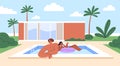 Love couple in pool. Happy man and woman swimming in water at resort with personal private villa. Young romantic people