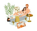 Love couple relaxing in bathtub with foam. Young happy man and woman taking bath together. Romantic lovers resting in