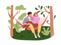 Love couple relaxing in garden hammock. Happy young man and woman resting on outdoor romantic date in nature on summer Royalty Free Stock Photo