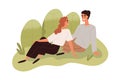 Love couple relaxing in nature. Happy romantic man and woman sitting on grass on summer holidays. Friends on lawn at