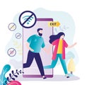 Love couple running away from digital addiction. Family runs out of smartphone screen to exit. Digital detox. Freedom from Royalty Free Stock Photo