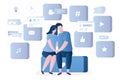 Love couple sitting on big button with heart symbol, various web signs and apps on background,chatting in global network