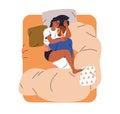 Love couple sleeping in bed, top view. Woman cuddling man, dreaming together. Asleep girl, guy valentines hugging. Sweet
