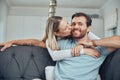 Love, couple and sofa kiss portrait in home for care, gratitude and intimate moment in home. Happy people in marriage Royalty Free Stock Photo