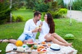 Love couple on Summer Picnic Basket on the Green Grass. Food and