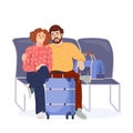 Love couple tourists in departure area waiting room of airport. People passengers with luggage in waiting room. Man and Royalty Free Stock Photo