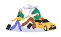 Love couple travel on holiday. Honeymoon trip concept. Man and woman tourists hurrying with baggage to taxi and air