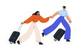 Love couple travel with suitcases. Happy man and woman tourists running, hurrying with luggage, baggage, going for