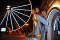 Love couple walking in night amusement park Royalty Free Stock Photo