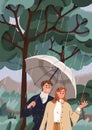 Love couple walking in rainy weather, day. Happy romantic man and woman in rain season. People on date in nature Royalty Free Stock Photo