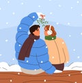 Love couple at winter date outdoors. Romantic man in woman kissing in park, nature in cold snow weather, wintertime