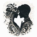 Love Couple. Woman And Man Silhouettes Surrounded By Vintage Flowers In Art Nouveau Style. Vector Love Pair Silhouette On White