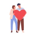 Love couple of young man and woman holding big heart in hands together. Happy valentines, lovers, people in romantic