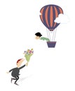 Love couple. Young woman flying away from the bridegroom on the air balloon