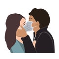 Love on Covid Quarantine, a Passionate Kiss Vector Illustration. Romantic man and woman couple kissing In Protective