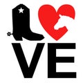 Love Cowboy vector black printable text with cowboy boot and red heart. Country Love illustration isolated