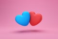 Love creative concept. two romantic blue and red hearts isolated on a pink background. Valentine day card or web banner template, Royalty Free Stock Photo