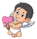 The love cupid is showing a big heart love on his hand