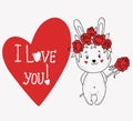 In love Cute bunny in flower wreath with rose behind her back, big heart and text - I love you. Vector illustration in Royalty Free Stock Photo