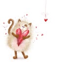 Love. Cute cat with red heart.Cat in love.Valentines day postcard.Love background.I love you.Meeting invitatnd drawn. Grunge heart Royalty Free Stock Photo