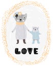 Love - Cute hand drawn nursery poster with cartoon characters animals mother Cat and little son kitten and lettering in Royalty Free Stock Photo