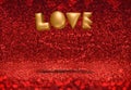 Love 3d rendering gold color word floating at red sparkling gl