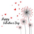 Card happy valentine`s day. Beautiful dandelion. abstract flower of heart on white background. Love Dandelion