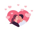 Love, date and relationship concept. Vector flat people illustration. Couple of man and woman lover on pink heart background