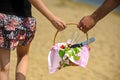 love, dating, people and holidays couple drinking champagne on picnic over evening seaside background Royalty Free Stock Photo