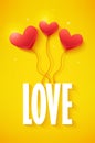 Love Day banner with volume heart balloons on yellow background. Vector card
