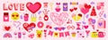 Love day set, romantic stickers. Pink and red flowers and hearts, coffee cup, wedding ring, arrow in heart, chocolate