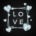 Love design in brilliant stone. Diamond heart and text on black background. Concept for Valentines banner. Vector illustration Royalty Free Stock Photo