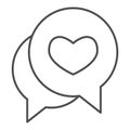 Love dialogue bubble thin line icon. Romantic messages with heart shape symbol, outline style pictogram on white