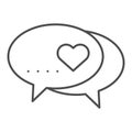Love dialogue thin line icon. Romantic messages with heart symbol illustration isolated on white. Love chat Speech