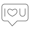 Love dialogue thin line icon. Speech bubble with lover and amour words symbol, outline style pictogram on white