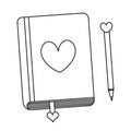 Love diary and pencil. Bookmark among the sheets. Sketch. Heart on the cover. Closed. Doodle style. A personal notepad.