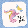 Love dinosaur. Pink dino. Cute Tyrannosaurus with winged heart. Prehistoric predator and amour. valentine`s greeting